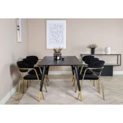 Ruokailuryhmä Venture Home, 180x90cm musta/messinki Dipp-pöytä + 6 musta/messinki Arrow-tuolia