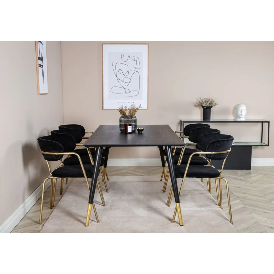 Ruokailuryhmä Venture Home, 180x90cm musta/messinki Dipp-pöytä + 6 musta/messinki Arrow-tuolia