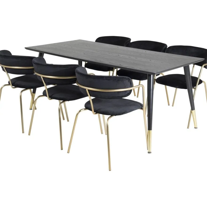 Ruokailuryhmä Venture Home, 180x90cm musta/messinki Dipp-pöytä + 6 musta/messinki Arrow-tuolia