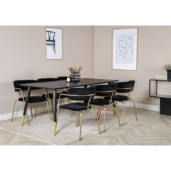Ruokailuryhmä Venture Home, 180x90cm musta/messinki Dipp-pöytä + 6 musta/messinki Arrow-tuolia