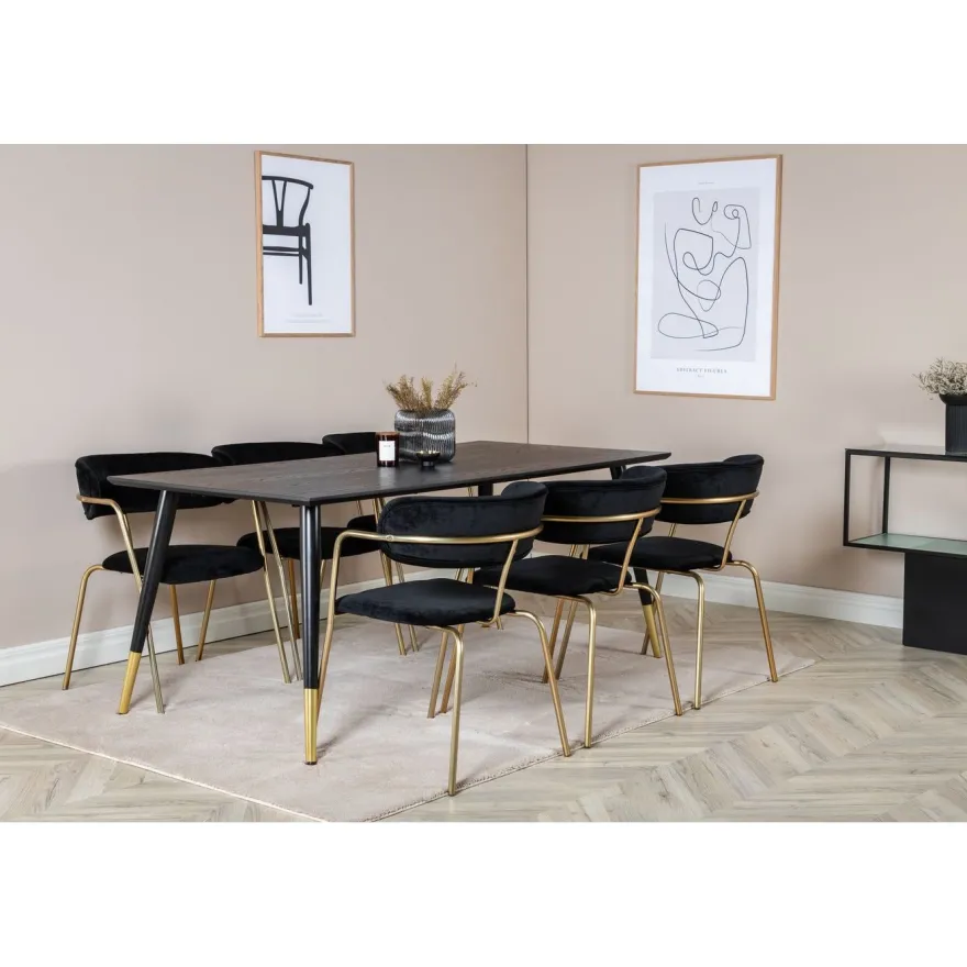 Ruokailuryhmä Venture Home, 180x90cm musta/messinki Dipp-pöytä + 6 musta/messinki Arrow-tuolia