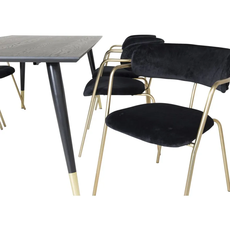 Ruokailuryhmä Venture Home, 180x90cm musta/messinki Dipp-pöytä + 6 musta/messinki Arrow-tuolia