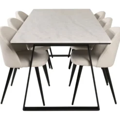 Ruokailuryhmä Venture Home, 200x90cm valkoinen Estelle-pöytä + 6 Velvet-tuolia, sametti