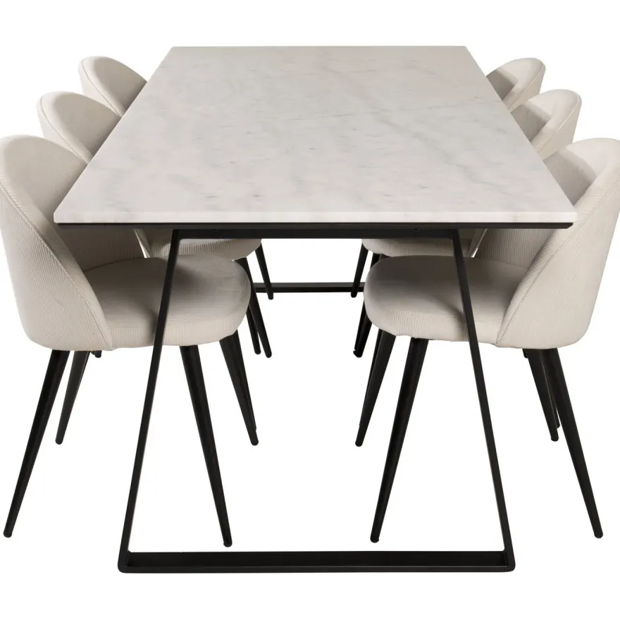 Ruokailuryhmä Venture Home, 200x90cm valkoinen Estelle-pöytä + 6 Velvet-tuolia, sametti
