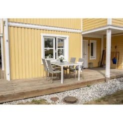 Ruokailuryhmä Venture Home, 205x90cm harmaa/valkoinen Break-pöytä + 4 harmaata, pinottavaa Anna-tuolia