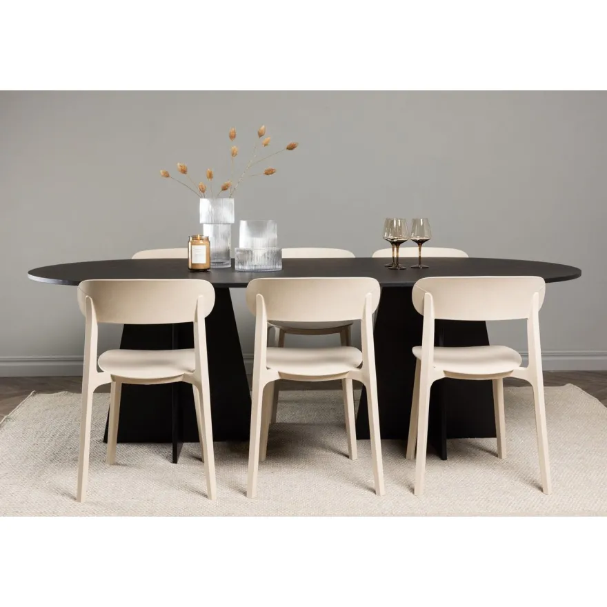 Ruokailuryhmä Venture Home, 230x115cm musta Bootcut-pöytä + 6 Åstol-tuolia