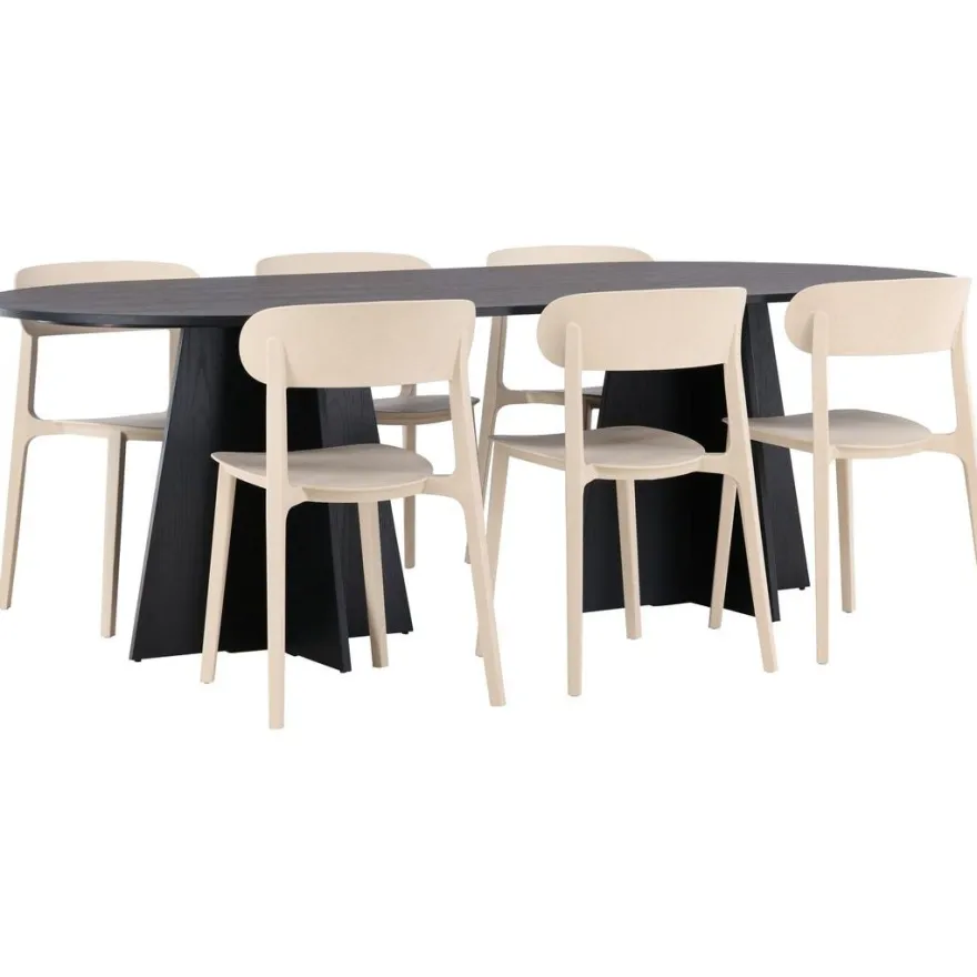 Ruokailuryhmä Venture Home, 230x115cm musta Bootcut-pöytä + 6 Åstol-tuolia