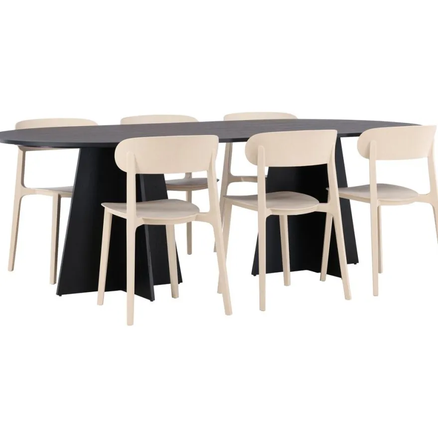 Ruokailuryhmä Venture Home, 230x115cm musta Bootcut-pöytä + 6 Åstol-tuolia