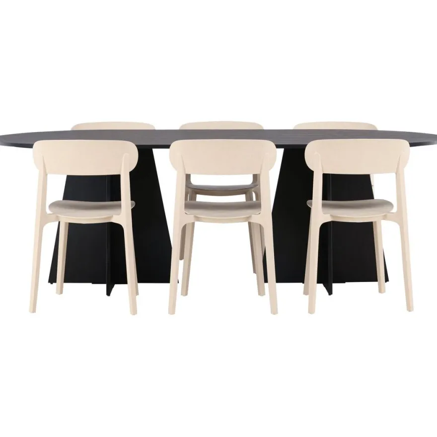 Ruokailuryhmä Venture Home, 230x115cm musta Bootcut-pöytä + 6 Åstol-tuolia