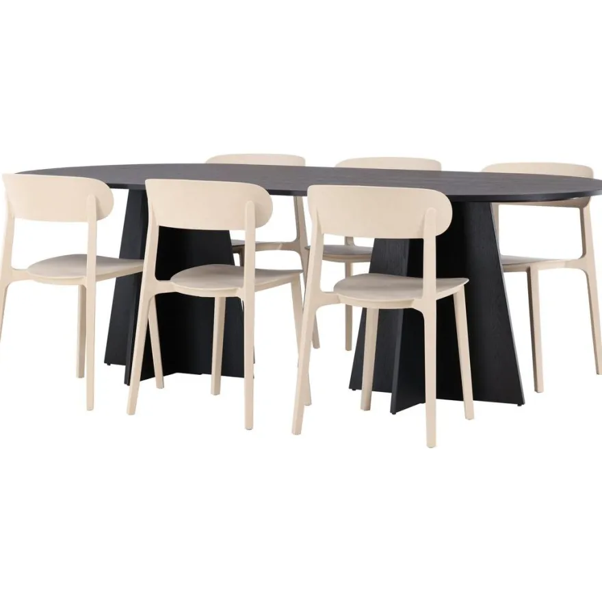 Ruokailuryhmä Venture Home, 230x115cm musta Bootcut-pöytä + 6 Åstol-tuolia