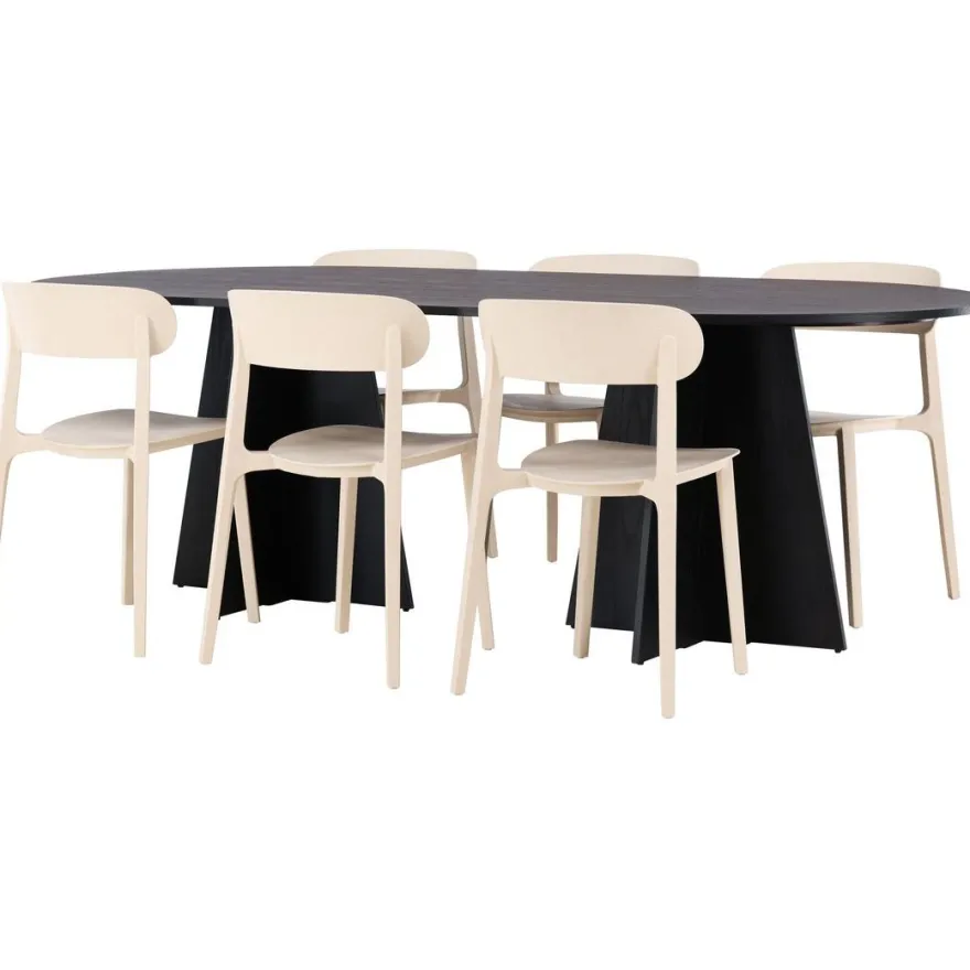 Ruokailuryhmä Venture Home, 230x115cm musta Bootcut-pöytä + 6 Åstol-tuolia