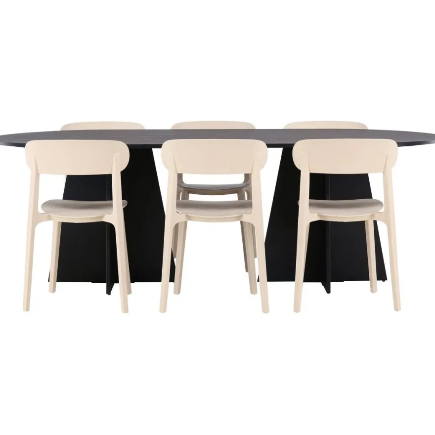 Ruokailuryhmä Venture Home, 230x115cm musta Bootcut-pöytä + 6 Åstol-tuolia