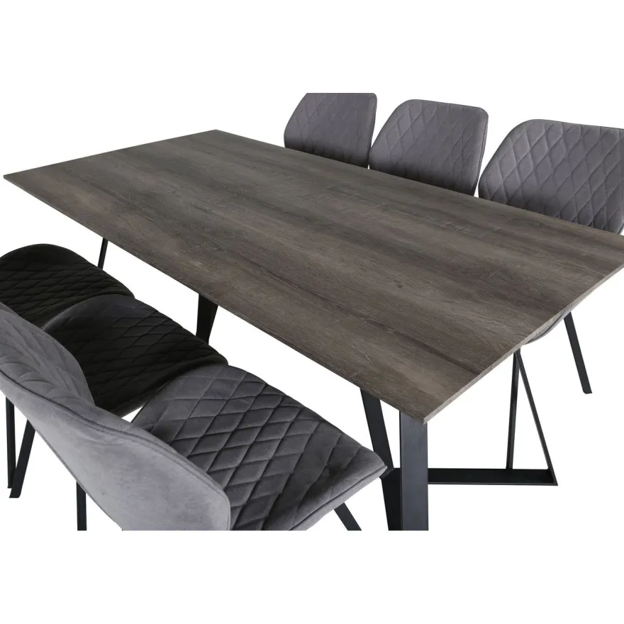 Ruokailuryhmä Venture Home, 180x90cm harmaa/musta Marina-pöytä + 6 harmaata Gemma-tuolia