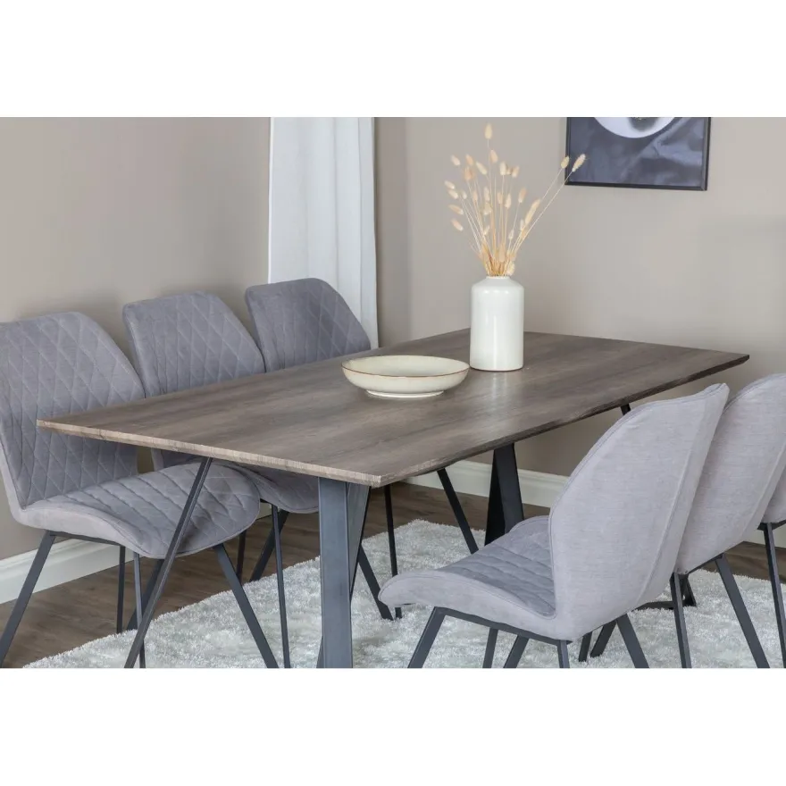 Ruokailuryhmä Venture Home, 180x90cm harmaa/musta Marina-pöytä + 6 harmaata Gemma-tuolia
