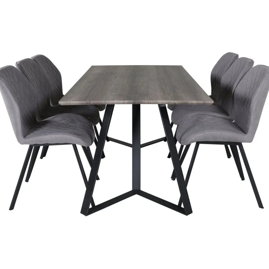 Ruokailuryhmä Venture Home, 180x90cm harmaa/musta Marina-pöytä + 6 harmaata Gemma-tuolia