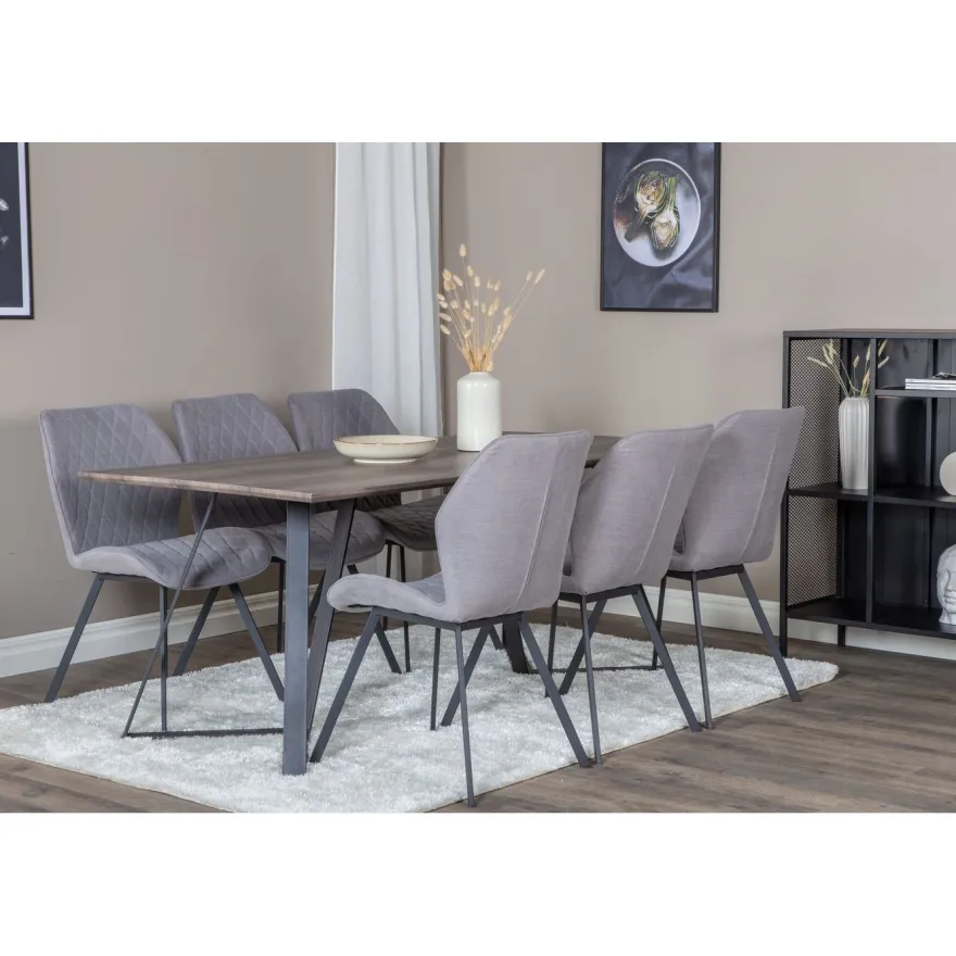 Ruokailuryhmä Venture Home, 180x90cm harmaa/musta Marina-pöytä + 6 harmaata Gemma-tuolia