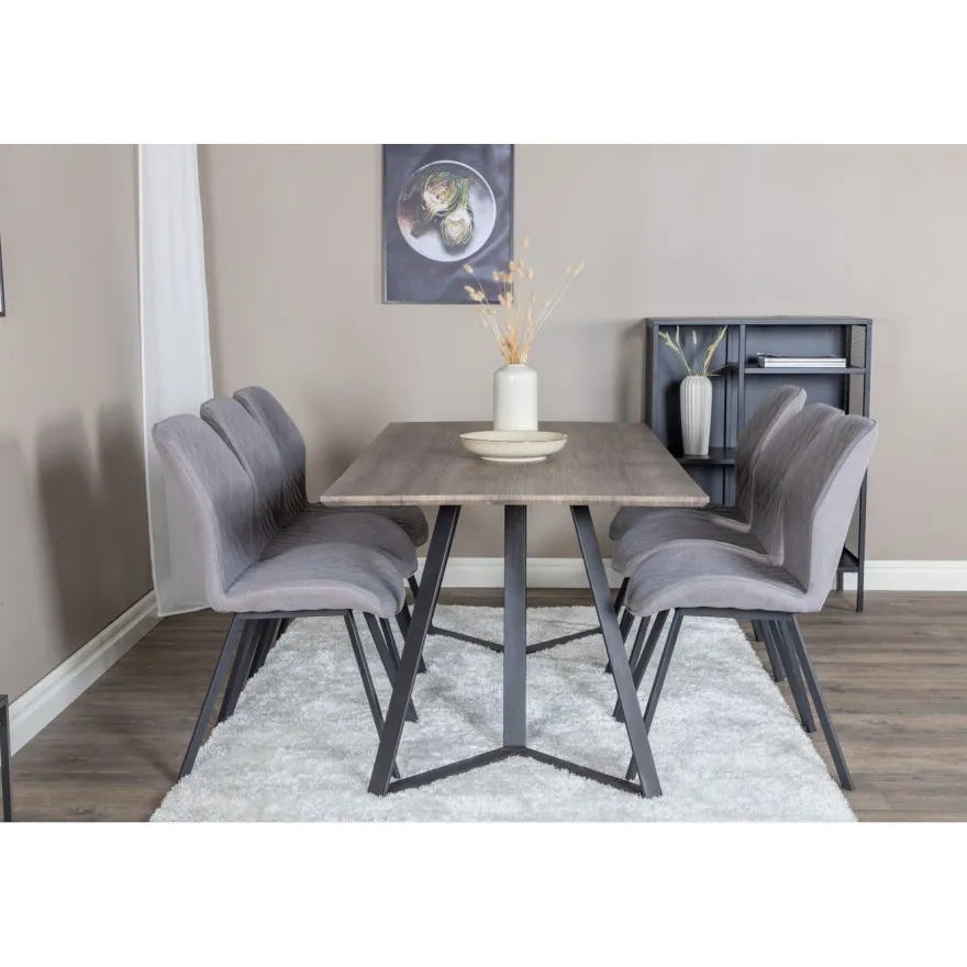 Ruokailuryhmä Venture Home, 180x90cm harmaa/musta Marina-pöytä + 6 harmaata Gemma-tuolia