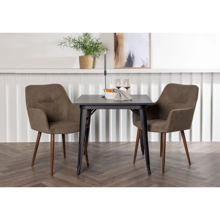 Ruokailuryhmä Venture Home, 80x80cm musta Tempe-pöytä + 2 ruskeaa Tomorrow-tuolia