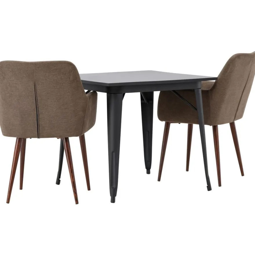 Ruokailuryhmä Venture Home, 80x80cm musta Tempe-pöytä + 2 ruskeaa Tomorrow-tuolia