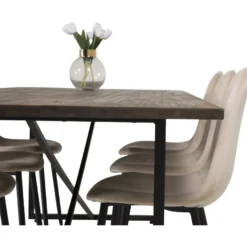 Ruokailuryhmä Venture Home, 250x100cm ruskea Padang-pöytä + 6 beigeä Polar-tuolia, sametti