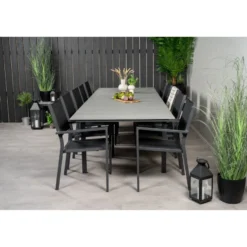 Ruokailuryhmä Venture Home, 229/310x100cm jatkettava harmaa/musta Levels-pöytä + 10 pinottavaa Copacabana-tuolia
