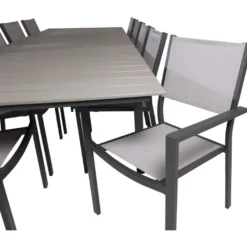Ruokailuryhmä Venture Home, 229/310x100cm jatkettava harmaa/musta Levels-pöytä + 10 pinottavaa Copacabana-tuolia