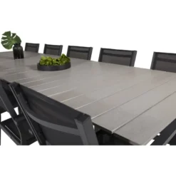 Ruokailuryhmä Venture Home, 229/310x100cm jatkettava harmaa/musta Levels-pöytä + 10 pinottavaa Copacabana-tuolia