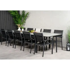 Ruokailuryhmä Venture Home, 229/310x100cm jatkettava harmaa/musta Levels-pöytä + 10 pinottavaa Copacabana-tuolia