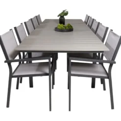 Ruokailuryhmä Venture Home, 229/310x100cm jatkettava harmaa/musta Levels-pöytä + 10 pinottavaa Copacabana-tuolia