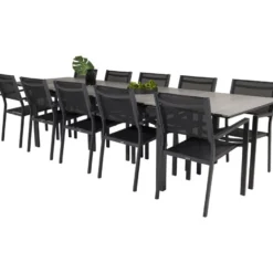 Ruokailuryhmä Venture Home, 229/310x100cm jatkettava harmaa/musta Levels-pöytä + 10 pinottavaa Copacabana-tuolia