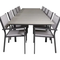 Ruokailuryhmä Venture Home, 229/310x100cm jatkettava harmaa/musta Levels-pöytä + 10 pinottavaa Copacabana-tuolia