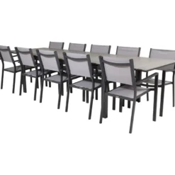Ruokailuryhmä Venture Home, 229/310x100cm jatkettava harmaa/musta Levels-pöytä + 10 pinottavaa Copacabana-tuolia