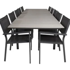 Ruokailuryhmä Venture Home, 229/310x100cm jatkettava harmaa/musta Levels-pöytä + 10 pinottavaa Copacabana-tuolia