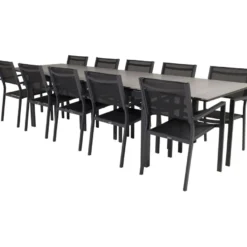 Ruokailuryhmä Venture Home, 229/310x100cm jatkettava harmaa/musta Levels-pöytä + 10 pinottavaa Copacabana-tuolia