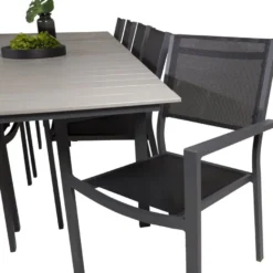 Ruokailuryhmä Venture Home, 229/310x100cm jatkettava harmaa/musta Levels-pöytä + 10 pinottavaa Copacabana-tuolia