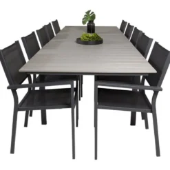 Ruokailuryhmä Venture Home, 229/310x100cm jatkettava harmaa/musta Levels-pöytä + 10 pinottavaa Copacabana-tuolia