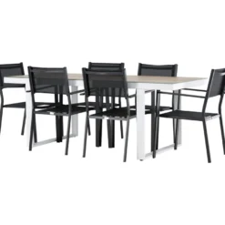 Ruokailuryhmä Venture Home, 200x90cm, beige/valkoinen Merlo-pöytä + 6 pinottavaa Copacabana-tuolia