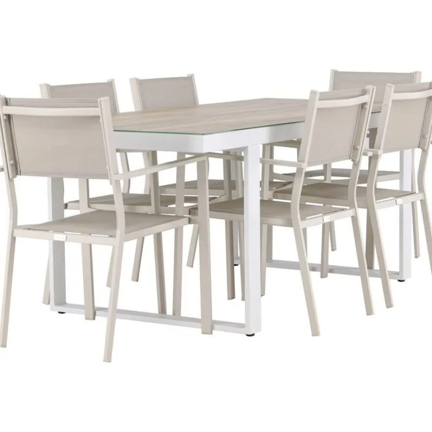 Ruokailuryhmä Venture Home, 200x90cm, beige/valkoinen Merlo-pöytä + 6 pinottavaa Copacabana-tuolia