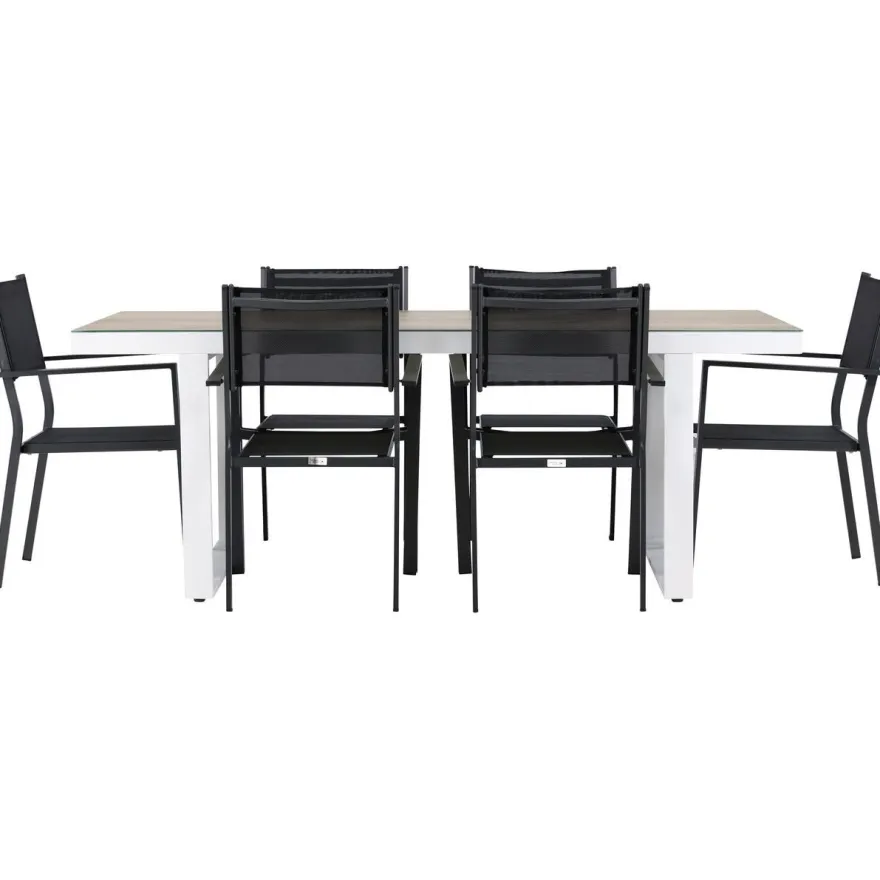 Ruokailuryhmä Venture Home, 200x90cm, beige/valkoinen Merlo-pöytä + 6 pinottavaa Copacabana-tuolia