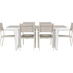 Ruokailuryhmä Venture Home, 200x90cm, beige/valkoinen Merlo-pöytä + 6 pinottavaa Copacabana-tuolia