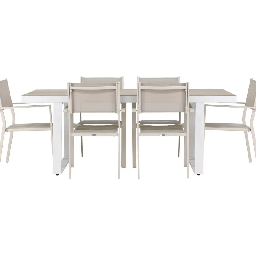 Ruokailuryhmä Venture Home, 200x90cm, beige/valkoinen Merlo-pöytä + 6 pinottavaa Copacabana-tuolia
