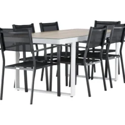 Ruokailuryhmä Venture Home, 200x90cm, beige/valkoinen Merlo-pöytä + 6 pinottavaa Copacabana-tuolia