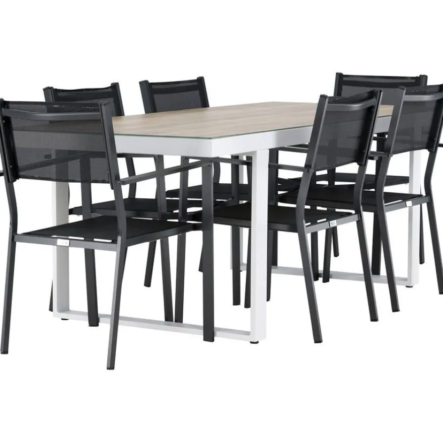 Ruokailuryhmä Venture Home, 200x90cm, beige/valkoinen Merlo-pöytä + 6 pinottavaa Copacabana-tuolia
