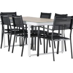 Ruokailuryhmä Venture Home, 200x90cm, beige/valkoinen Merlo-pöytä + 6 pinottavaa Copacabana-tuolia
