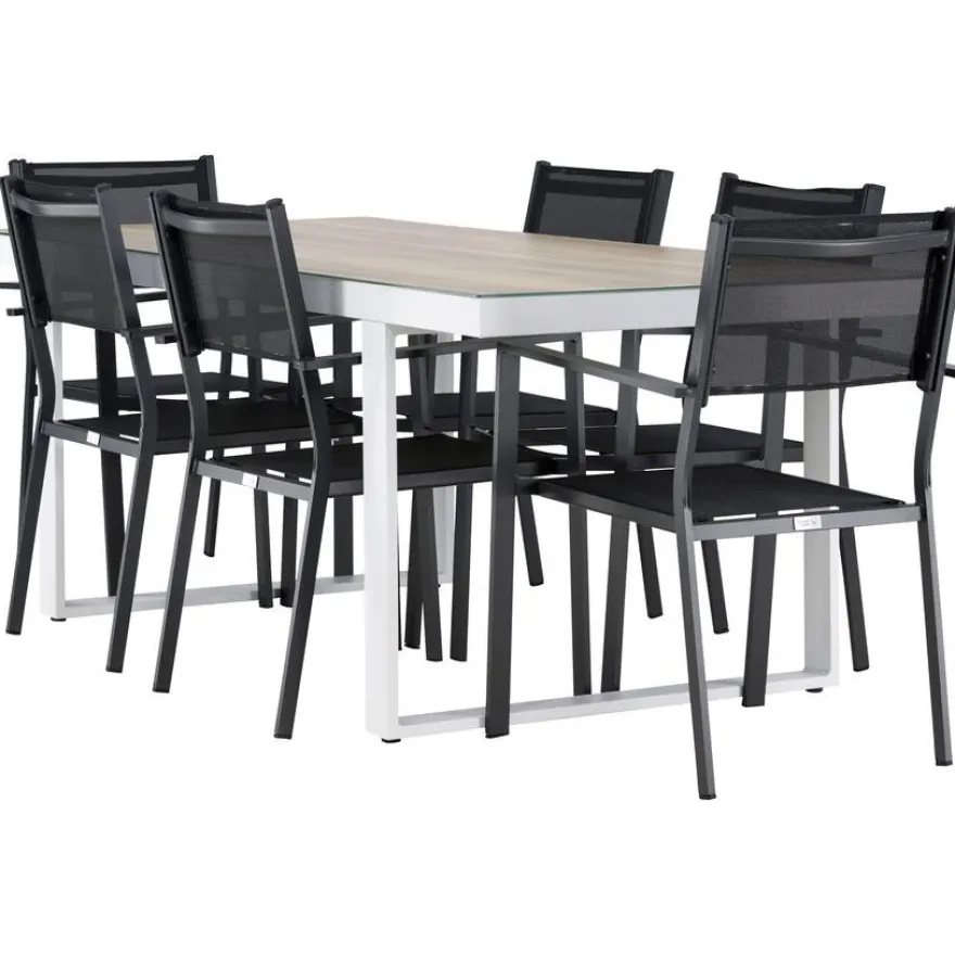 Ruokailuryhmä Venture Home, 200x90cm, beige/valkoinen Merlo-pöytä + 6 pinottavaa Copacabana-tuolia