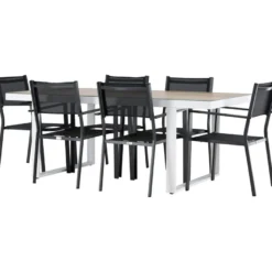 Ruokailuryhmä Venture Home, 200x90cm, beige/valkoinen Merlo-pöytä + 6 pinottavaa Copacabana-tuolia