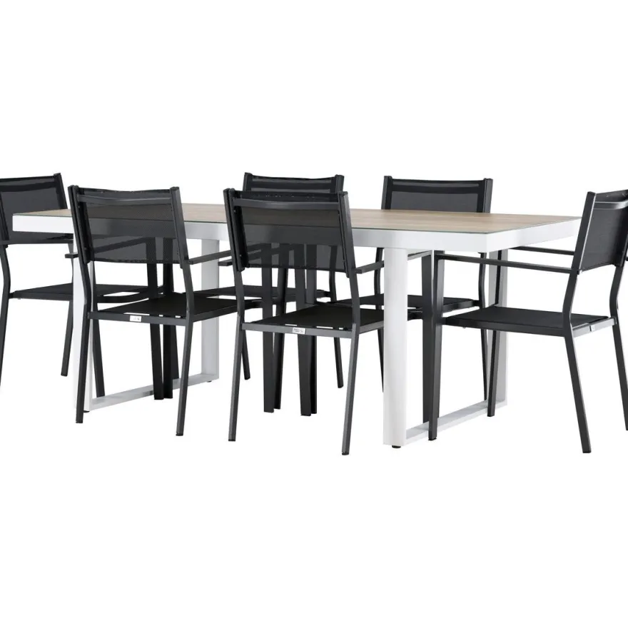 Ruokailuryhmä Venture Home, 200x90cm, beige/valkoinen Merlo-pöytä + 6 pinottavaa Copacabana-tuolia