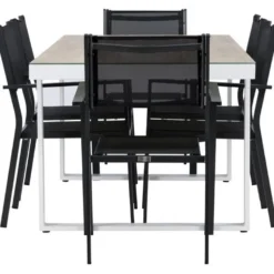 Ruokailuryhmä Venture Home, 200x90cm, beige/valkoinen Merlo-pöytä + 6 pinottavaa Copacabana-tuolia