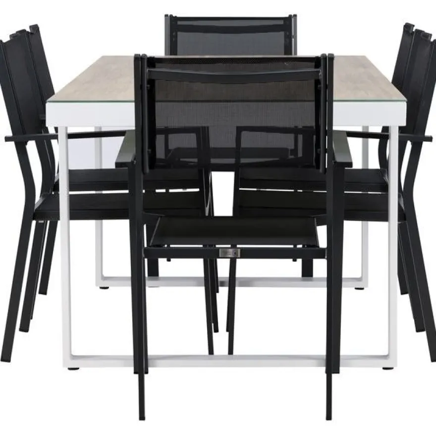 Ruokailuryhmä Venture Home, 200x90cm, beige/valkoinen Merlo-pöytä + 6 pinottavaa Copacabana-tuolia