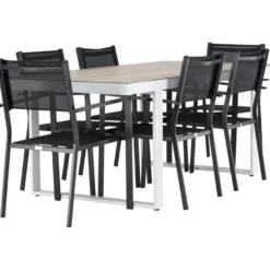 Ruokailuryhmä Venture Home, 200x90cm, beige/valkoinen Merlo-pöytä + 6 pinottavaa Copacabana-tuolia